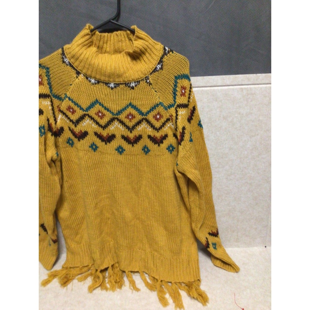 Wrangler Womens Mustard Yellow Southwestern Fringe Turtleneck Sweater XL